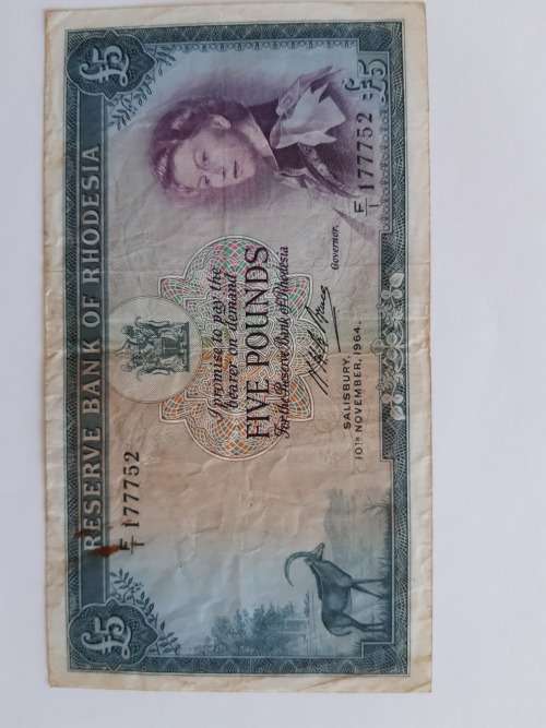 Queen Elizabeth  5 Pounds Reserve Bank of Rhodesia